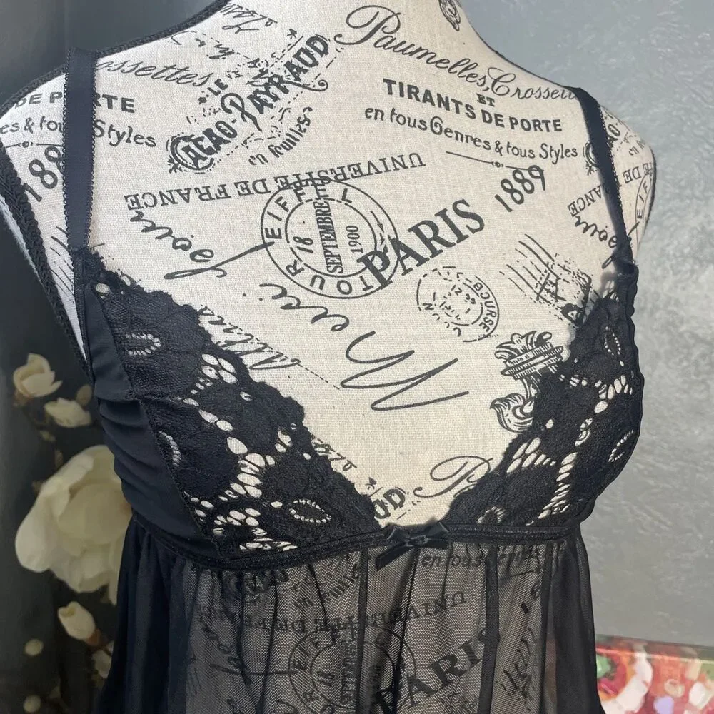 Rachel Roy NWT Black Lace Babydoll Lingerie Medium Sheer Mesh Coquette Soft Goth